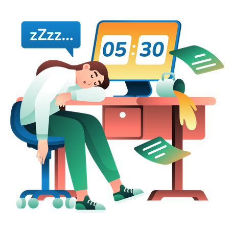 Dormir pendant les heures supplémentaires au bureau  Illustration