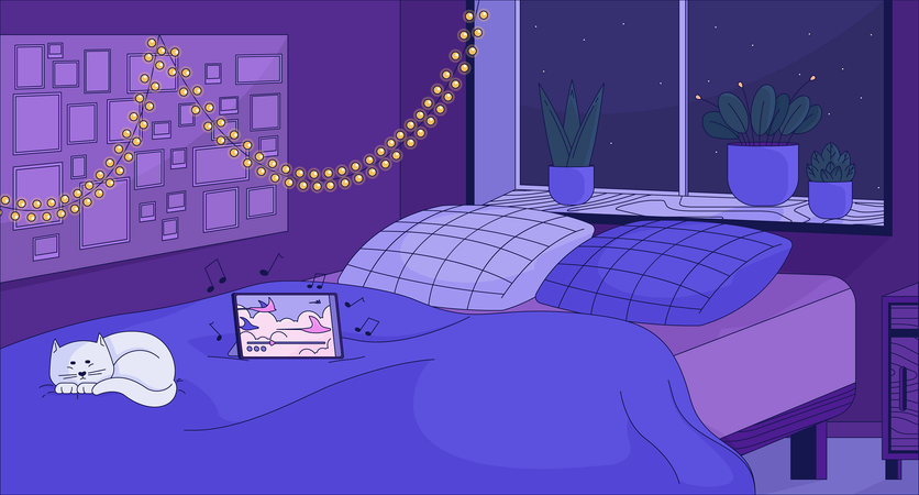 Acogedor dormitorio con gato durmiendo  Ilustración