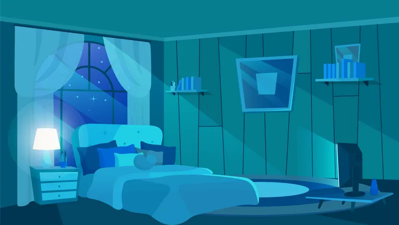 Interior del dormitorio en los rayos de la luna.  Ilustración