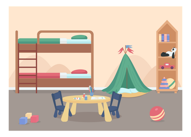 Dormitorio infantil para ilustración de vector de color plano de niño pequeño masculino  Ilustración