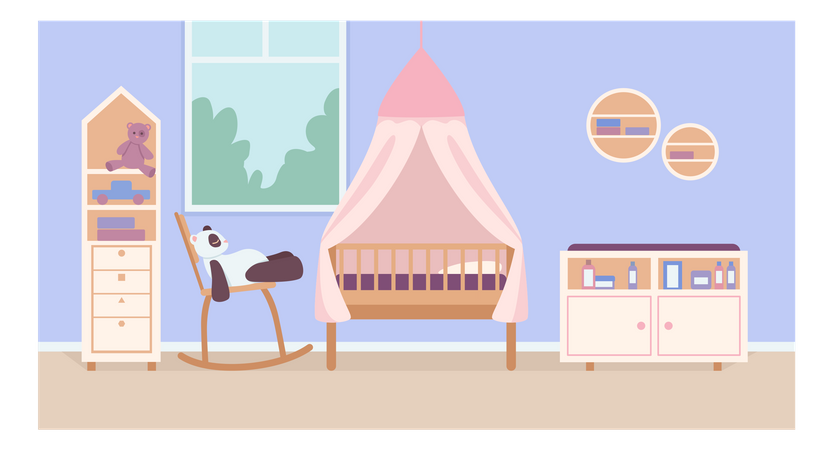 ¿Dormitorio infantil para recién nacido? Ilustración de vector de color plano  Ilustración