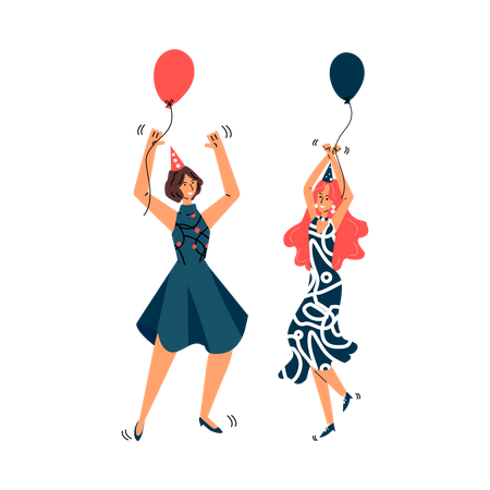 Dos amigas bailando con globo  Ilustración