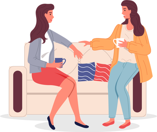 Dos amigas sentadas en el sofá tomando café y hablando.  Ilustración