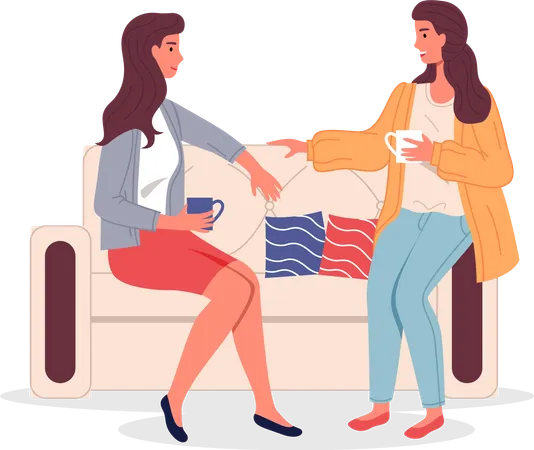 Dos amigas sentadas en el sofá tomando café y hablando.  Ilustración