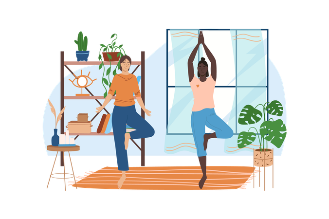 Dos amigos hacen ejercicios de yoga en un cómodo gimnasio con plantas  Ilustración