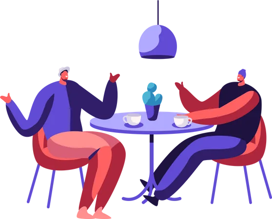 Dos amigos varones tomando café y conversando  Ilustración