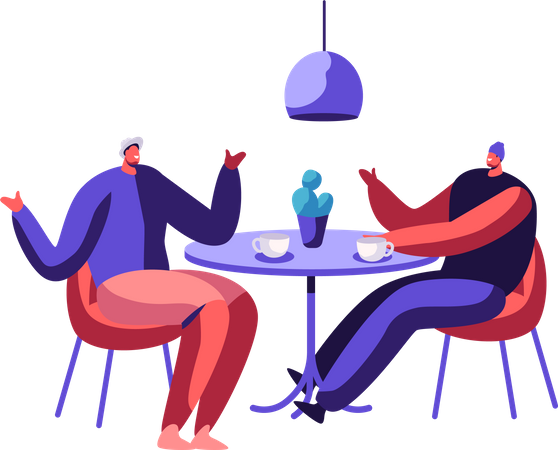 Dos amigos varones tomando café y conversando  Ilustración
