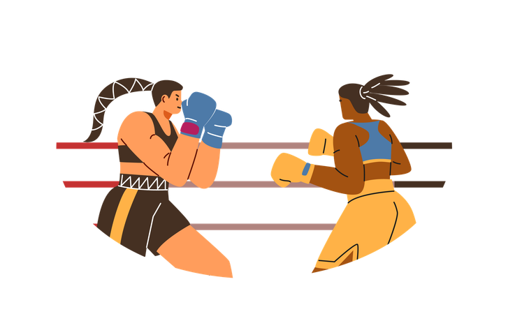 Dos mujeres boxeadoras peleando en el ring  Ilustración