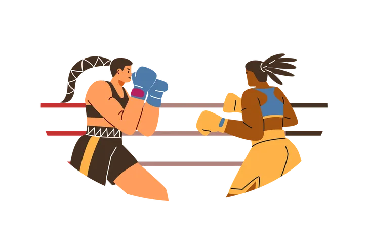 Dos mujeres boxeadoras peleando en el ring  Ilustración