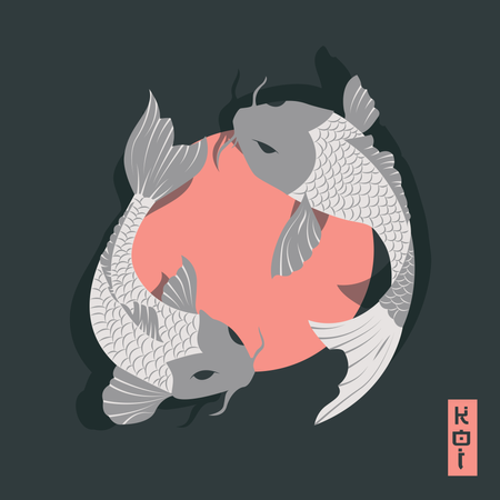 Dos peces carpa koi nadando alrededor del sol, estilo tradicional japonés  Ilustración