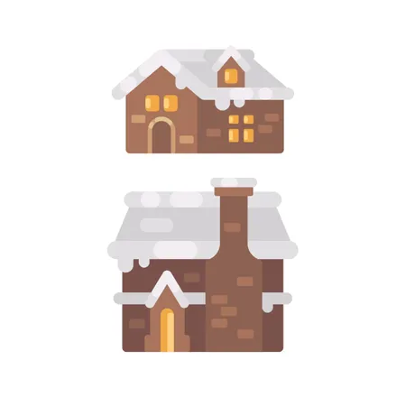 Dos casas de invierno cubiertas de nieve.  Ilustración