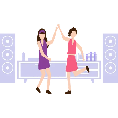 Dos chicas bailando en la fiesta.  Ilustración