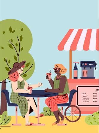 Dos chicas tomando una copa y hablando  Ilustración