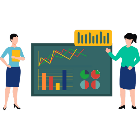 Dos chicas trabajando en un gráfico de análisis.  Ilustración