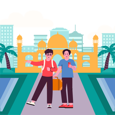 Dos chicos de vacaciones en la ciudad de Nueva Delhi  Ilustración