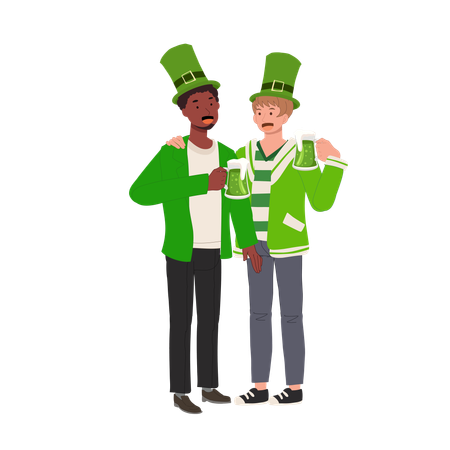 Dos chicos disfrutando de cerveza verde el día de San Patricio  Ilustración