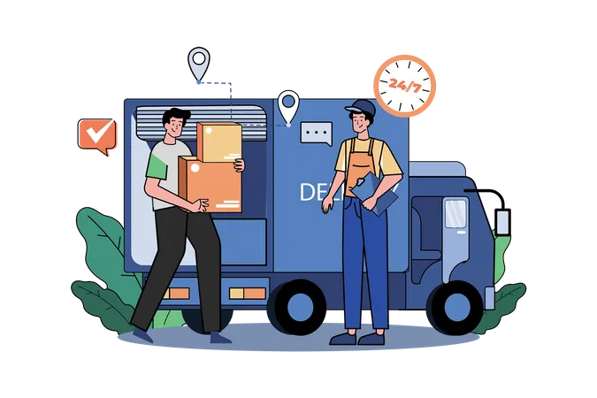 Dos tipos preparándose para enviar carga en un camión de reparto  Ilustración