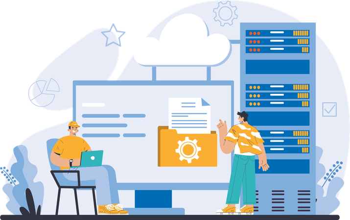 Dos chicos trabajando en un sistema de gestión de bases de datos.  Ilustración