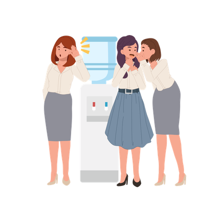 Dos compañeras de trabajo cotillean junto a un dispensador de agua en la oficina mientras otra mujer escucha en secreto.  Ilustración