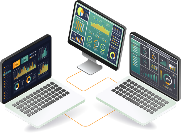 Dos computadoras portátiles conectadas a un monitor que muestra la pantalla de la computadora portátil  Illustration