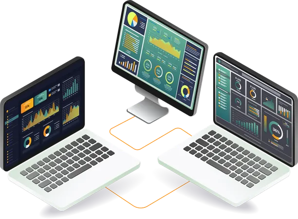 Dos computadoras portátiles conectadas a un monitor que muestra la pantalla de la computadora portátil  Illustration