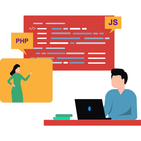 Dos desarrolladores discuten sobre codificación web  Ilustración