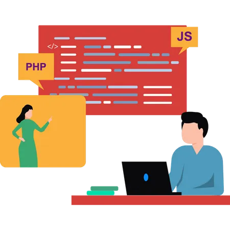 Dos desarrolladores discuten sobre codificación web  Ilustración