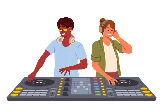 Dos DJ utilizan la consola de mezclas para entretener a los visitantes de la discoteca en el club nocturno  Ilustración