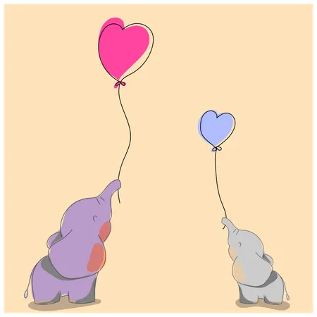 Dos elefantes con globos.  Ilustración