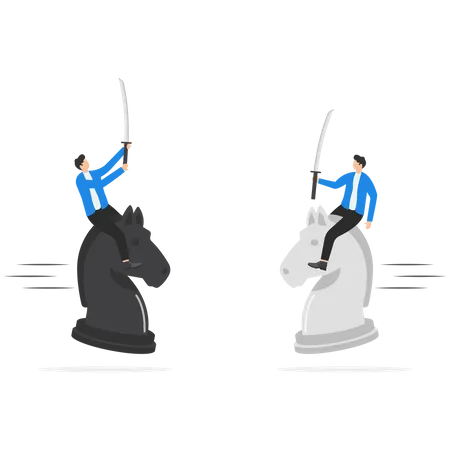 Dos empresarios con espada compiten para ser campeones montando un caballo de ajedrez  Ilustración