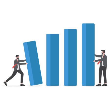 Dos empresarios empujan los gráficos de barras que caen en el colapso económico  Ilustración