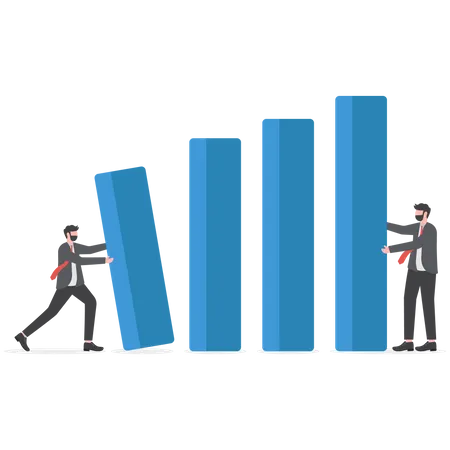 Dos empresarios empujan los gráficos de barras que caen en el colapso económico  Ilustración