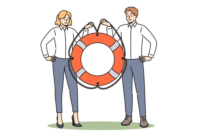 Dos gerentes sosteniendo un salvavidas que ofrecen ayuda y apoyo empresarial o servicios de gestión de crisis  Ilustración