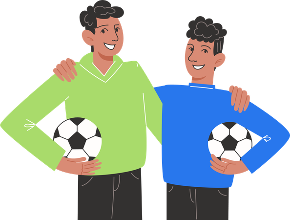 Dos hermanos parados uno al lado del otro sosteniendo balones de fútbol  Ilustración