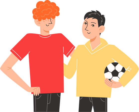 Dos hermanos parados uno al lado del otro sosteniendo un balón de fútbol  Ilustración