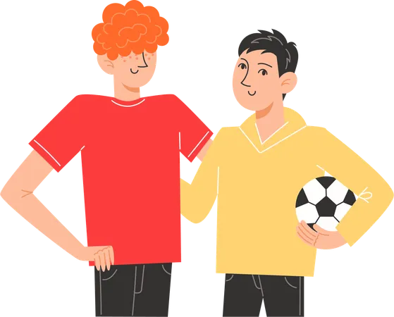 Dos hermanos parados uno al lado del otro sosteniendo un balón de fútbol  Ilustración