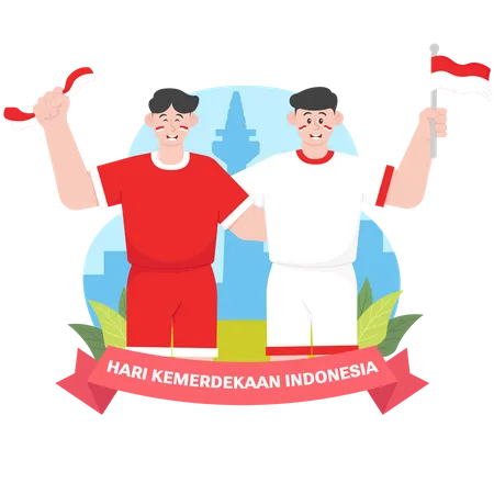 Dos hombres abrazándose en el día de la independencia de Indonesia  Ilustración