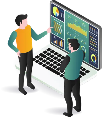 Dos hombres analizando datos en la pantalla de una computadora portátil  Ilustración