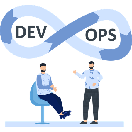 Dos hombres con desarrollo de software de bucle DevOps  Ilustración