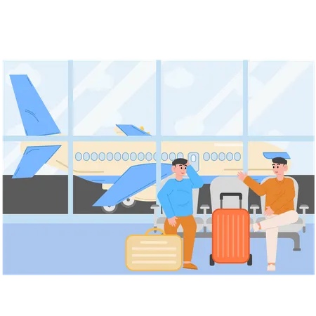 Dos hombres están esperando la salida del avión.  Ilustración