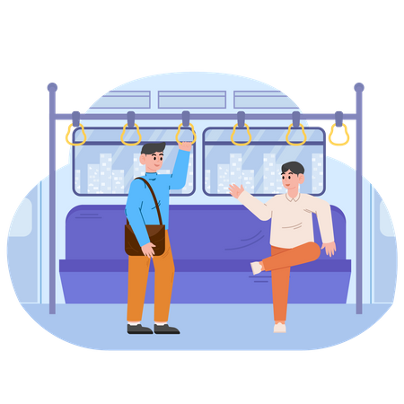 Dos hombres están hablando en el tren.  Ilustración