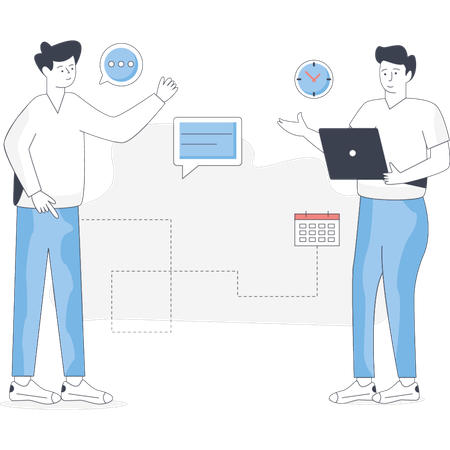 Dos hombres están posicionados uno al lado del otro, ocupados con una computadora portátil colocada sobre una mesa.  Ilustración