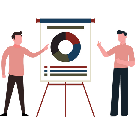 Dos hombres hablando de gráficos de negocios.  Ilustración