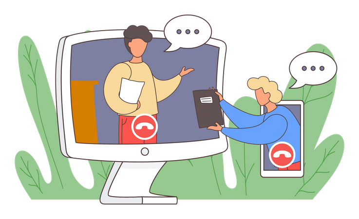 Dos hombres llamando por videollamada  Ilustración
