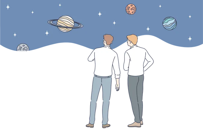 Dos hombres mirando planetas.  Ilustración