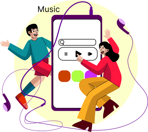 Dos personas disfrutando de la música a través de un dispositivo digital  Ilustración