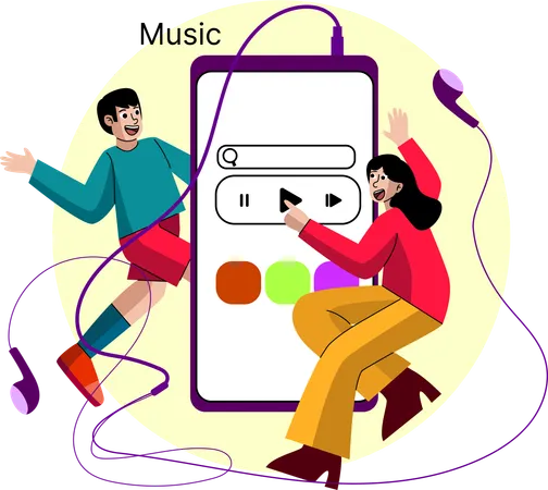 Dos personas disfrutando de la música a través de un dispositivo digital  Ilustración