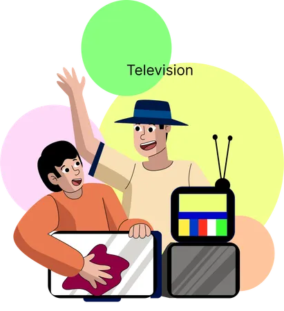 Dos personas disfrutando de un momento nostálgico con un televisor antiguo  Ilustración