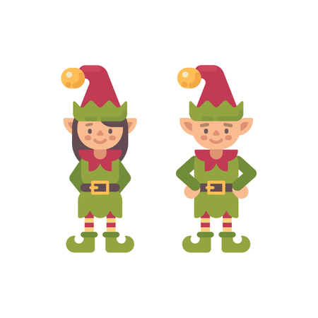 Dos lindos elfos navideños, masculinos y femeninos.  Ilustración