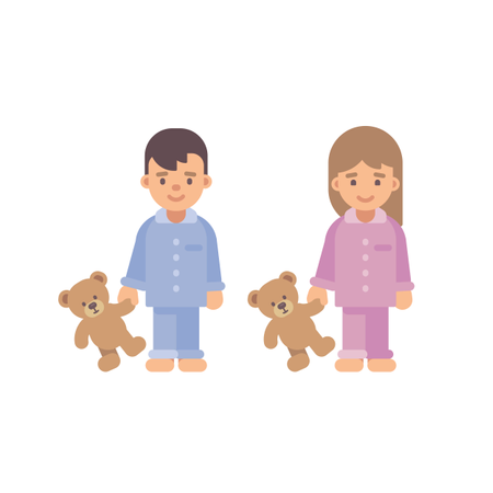 Dos lindos niños pequeños en pijama sosteniendo ositos de peluche  Ilustración